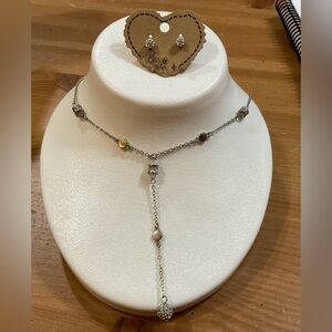 Vintage silver/tone/plated lariat with crystals and silver balls stud earrings.